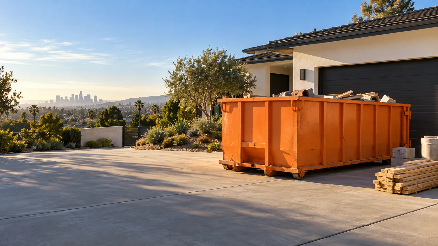 Orange roll-off dumpster on a wide Los Angeles driveway
