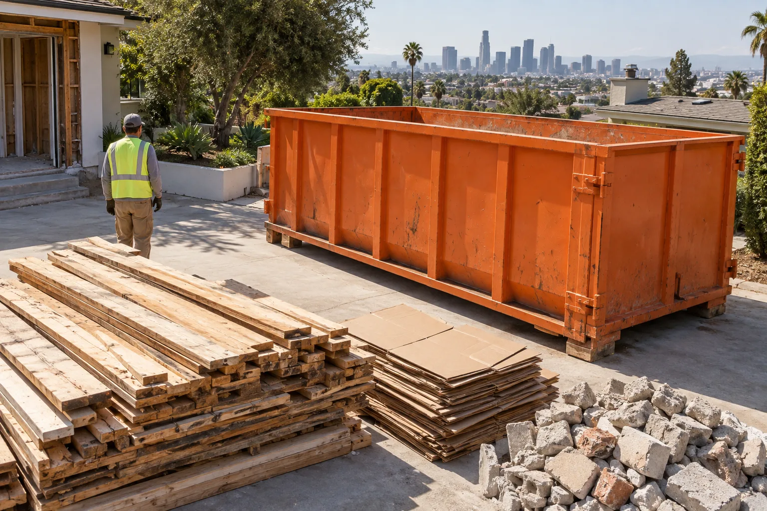 Worker planning a sorted load beside a roll-off dumpster