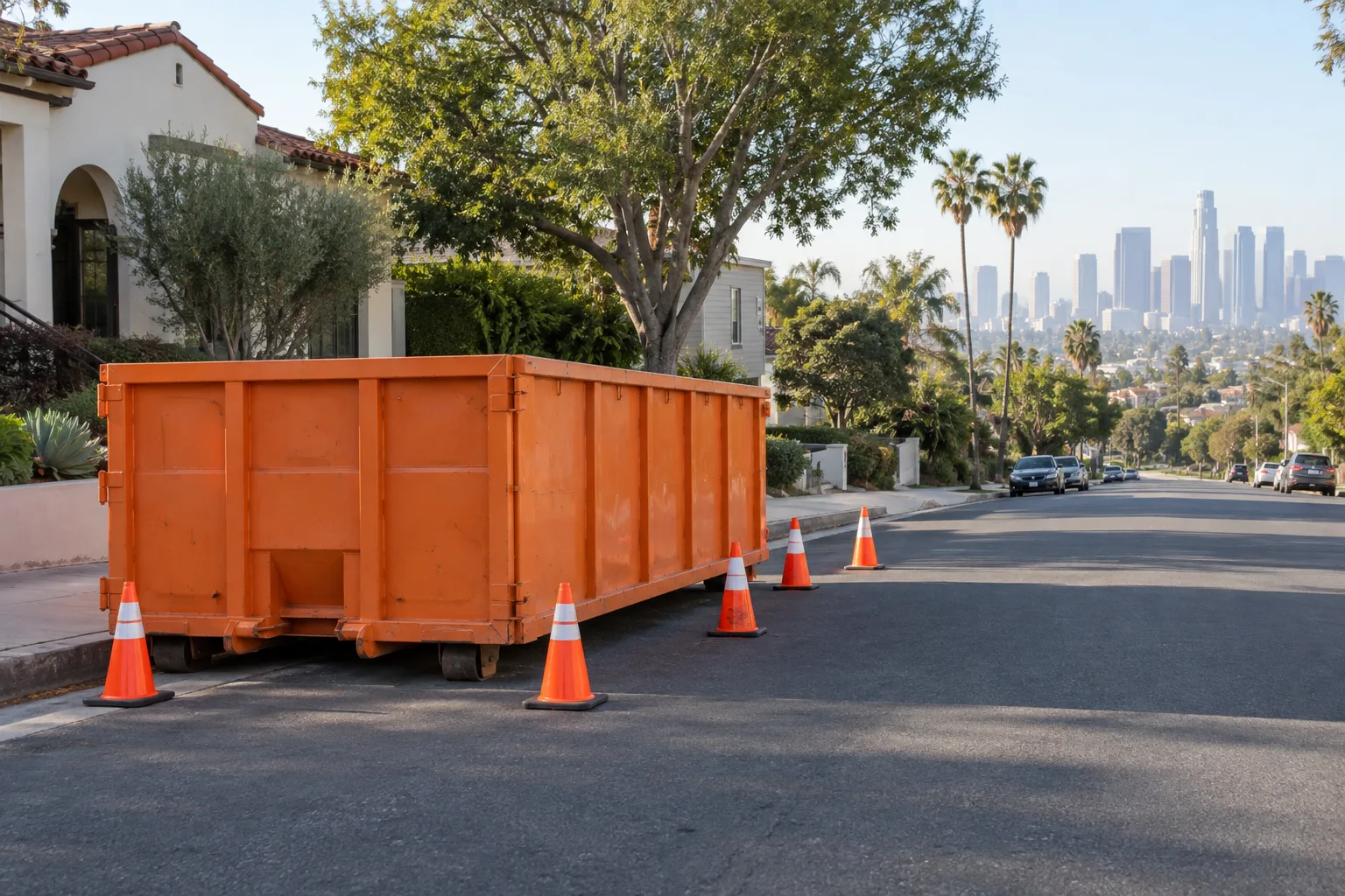Orange roll-off dumpster at a Los Angeles curb with safety cones